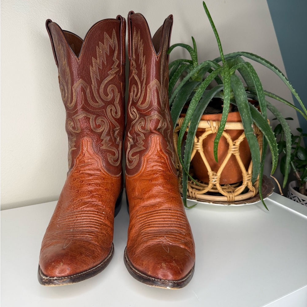 Lucchese Ostrich Leather Cowboy Boots Mens 9D Brown Western Ranch USA Made - Picture 2 of 13